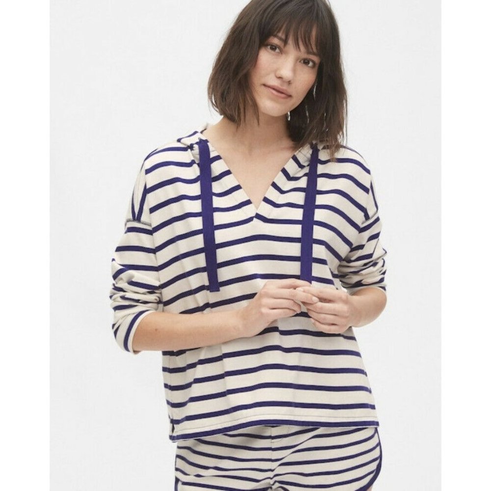 New GAP White Blue Striped Vneck Pullover Hoodie